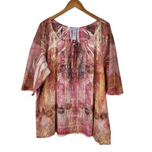 Catherines Peasant Top Plus 3X 26/28W Boho 3/4 Sleeve Pink Lace Studded Artsy